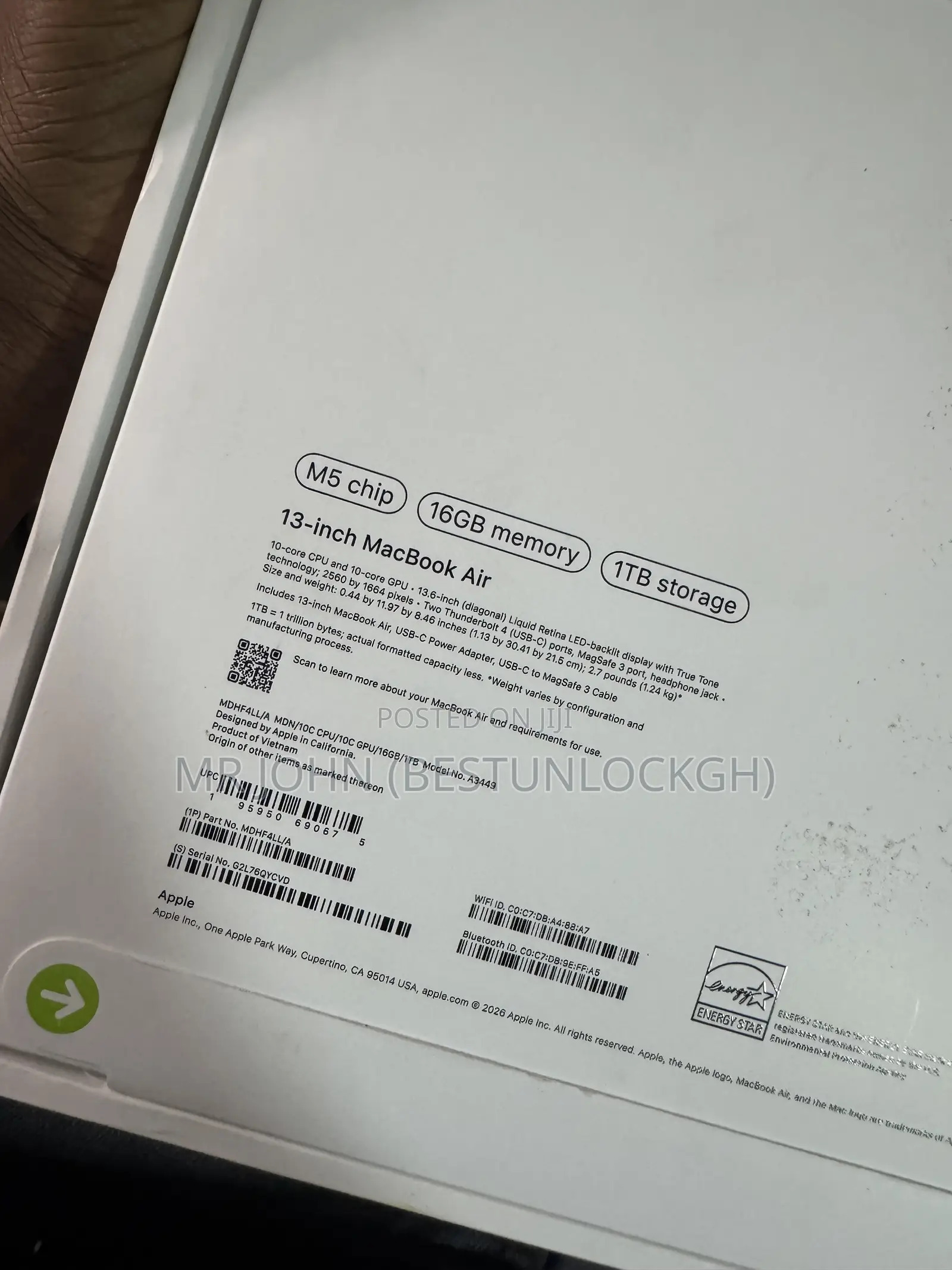 New Laptop Apple MacBook Air 2026 M5 16GB Apple M5 SSD 1T