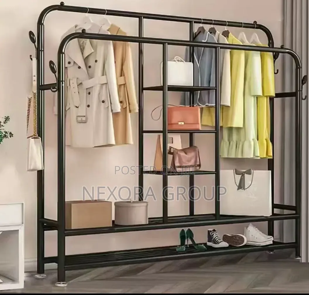 Double Pole Clothes Rack With Shelves Heavy Duty Organizer