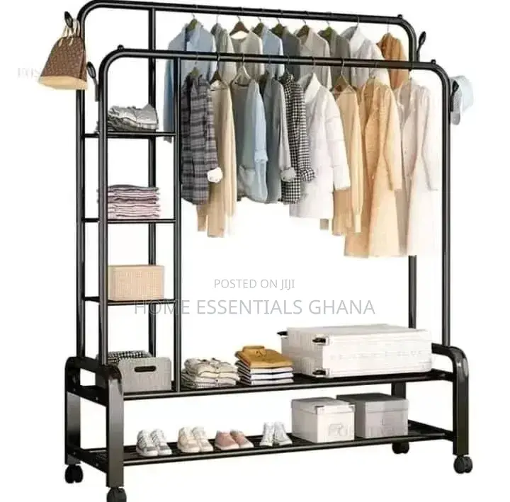 Double Pole Clothes Rack With Shelves Heavy Duty Organizer