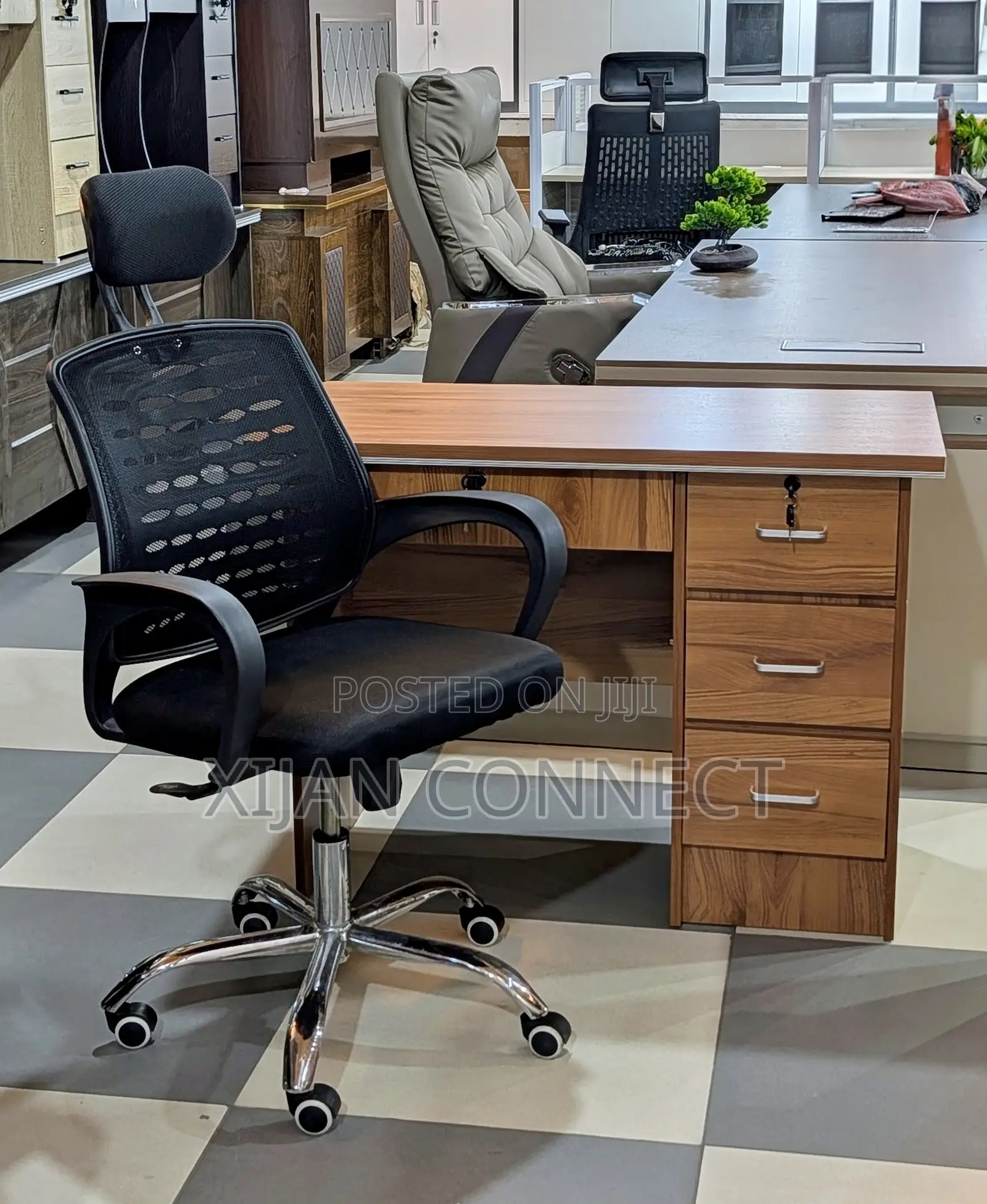 Executive Office Desk With 3-Drawer Cabinet and Mesh Office Chair
