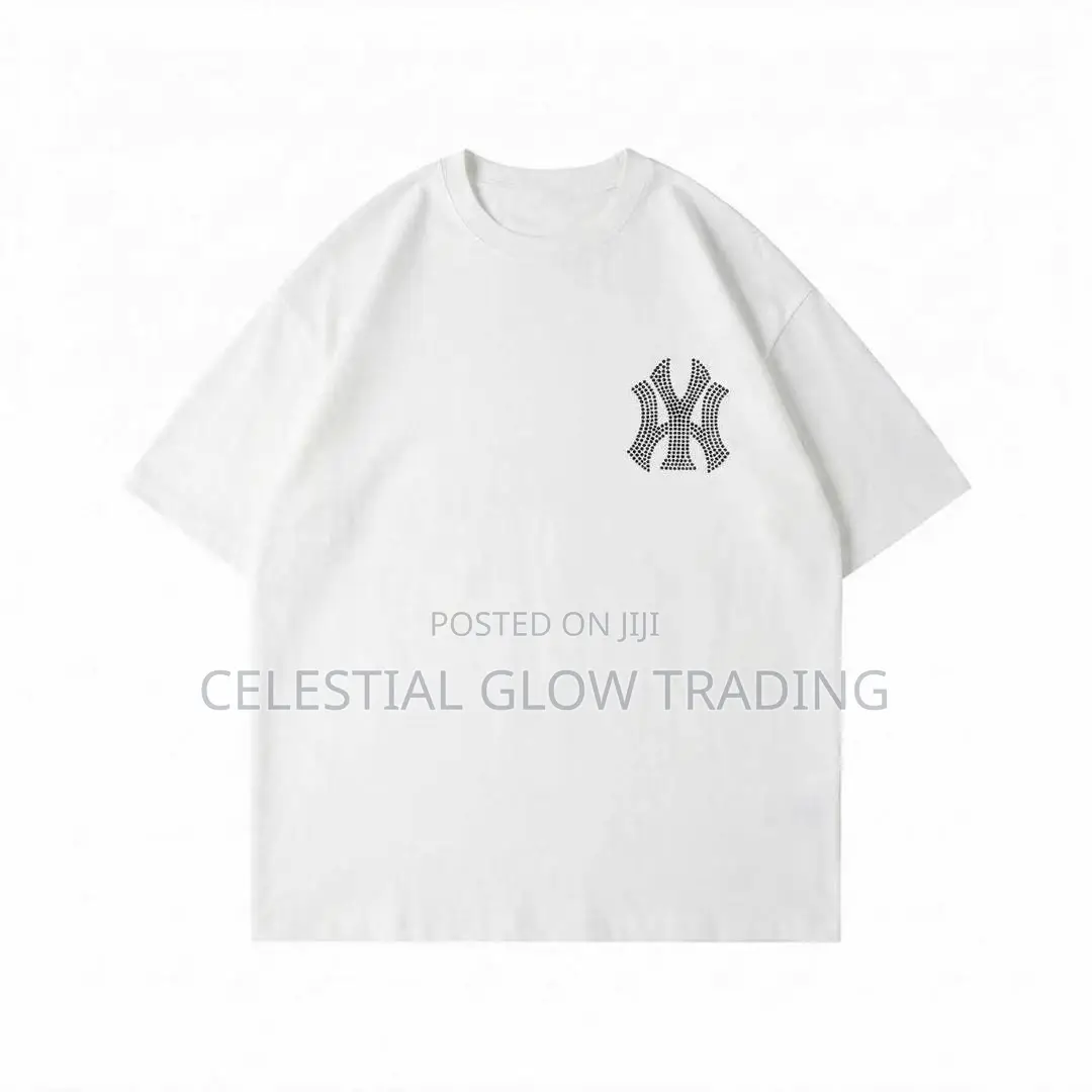 White Ny Logo Rhinestone‐Style Print T‐Shirt – Casual Crew Neck Tee