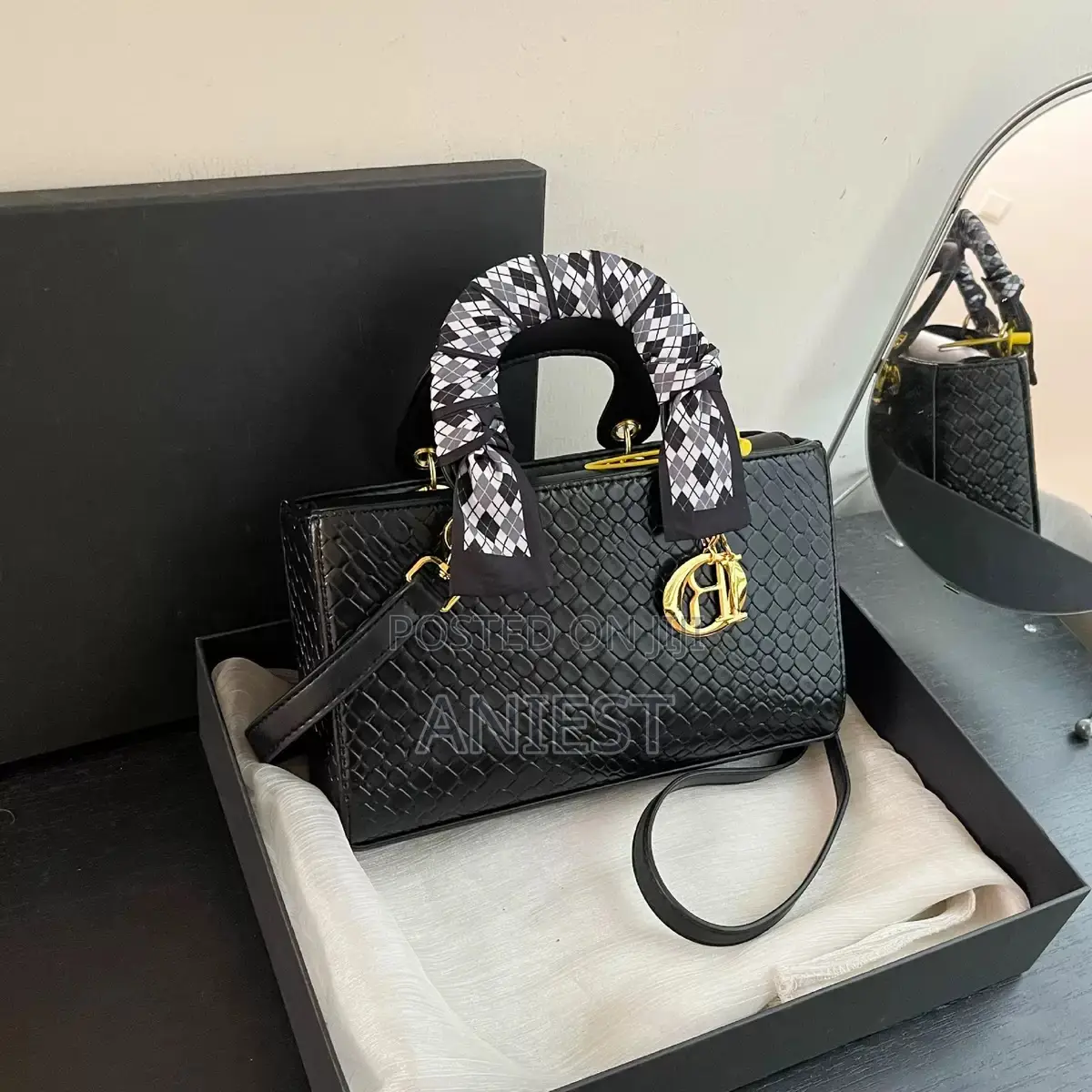 Women's Black Patent Leather Top Handle Handbag With Scarf Charm