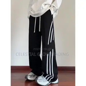 Light Grey Side‐Stripe Wide‐Leg Joggers – Casual Streetwear Trousers