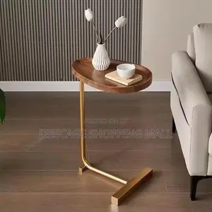 Modern C-Shape Oval Wood Sofa Side Table With Gold Metal Base
