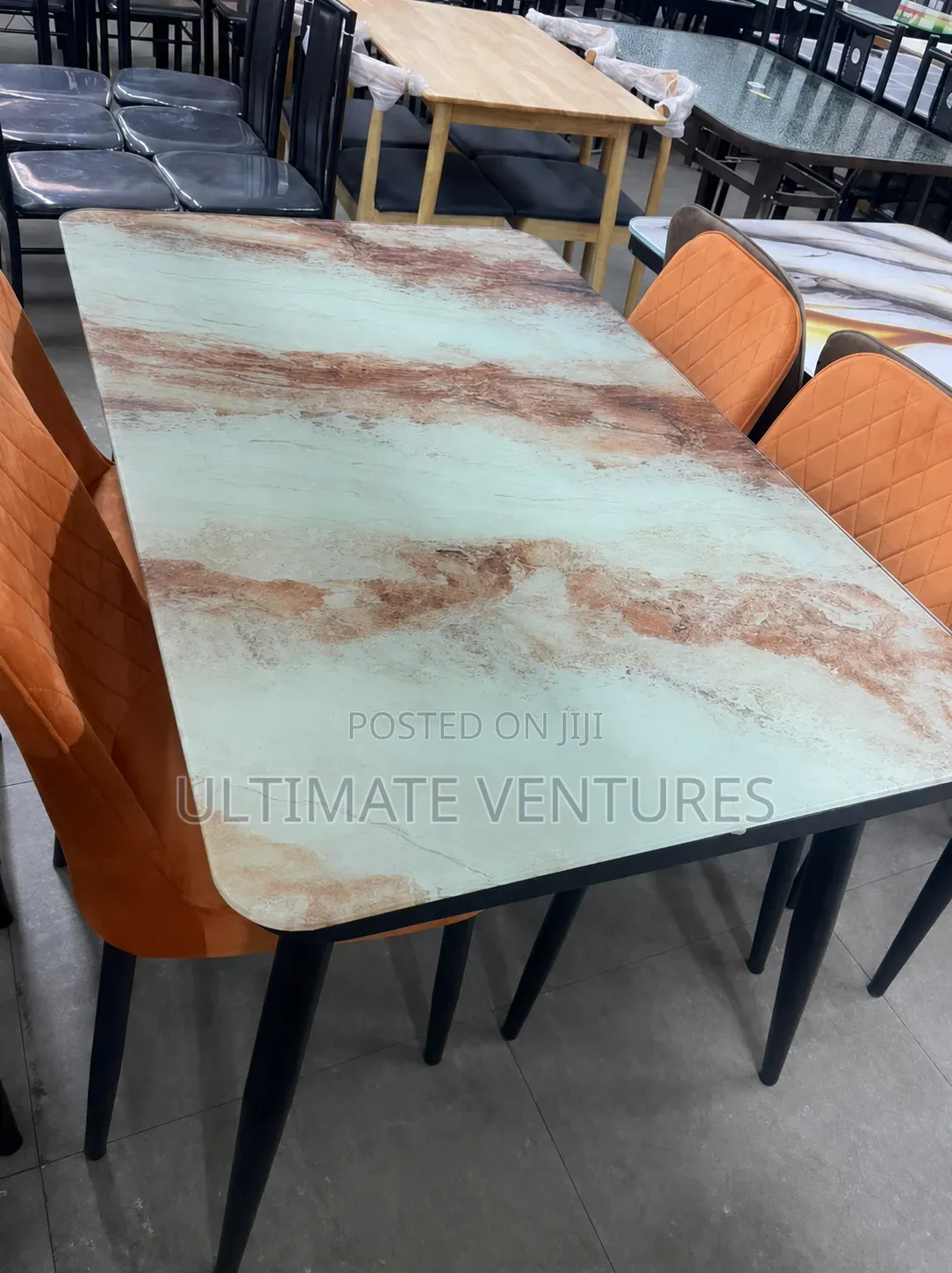 Modern 4-Seater Marble Top Dining Set With Orange Velvet Chairs