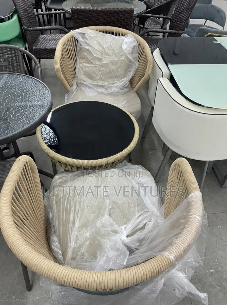 Modern Beige Woven Rattan Patio Bistro Set With Black Round Table