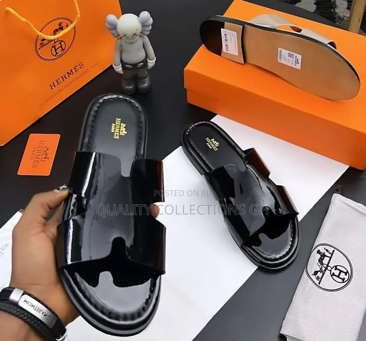 Black Patent Leather Hermes Slippers