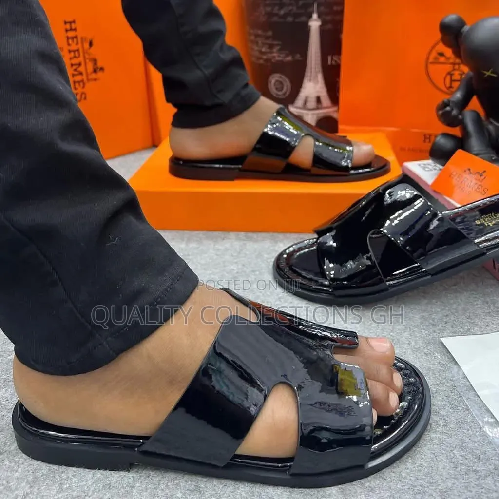 Black Patent Leather Hermes Slippers