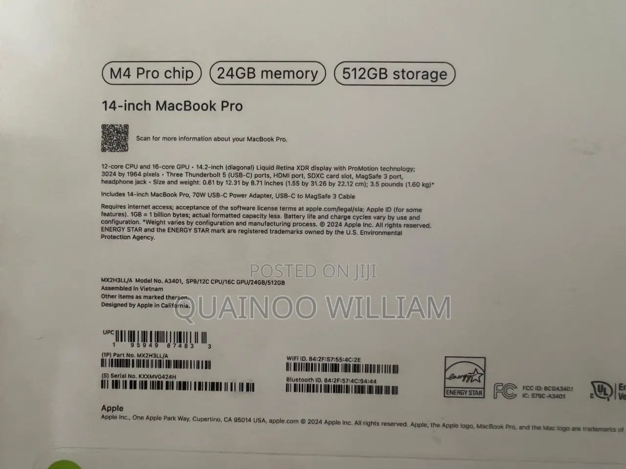New Laptop Apple MacBook Pro 2024 M4 24GB Apple M4 Pro SSHD+SSD 512GB