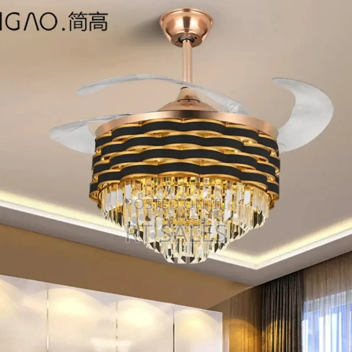 Black And Gold Crystal Chandelier Fan With Light.