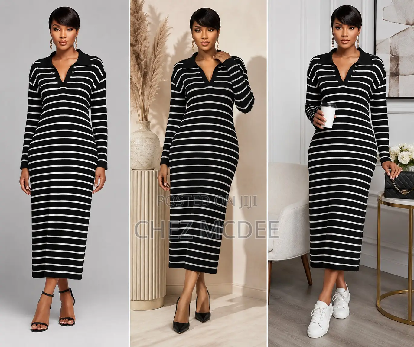 Black White Striped Midi Dress – Long Sleeve Knit | Chezmcdee