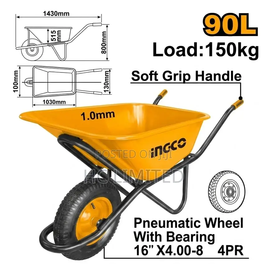 Ingco Heavy-Duty 150kg Wheelbarrow With Pneumatic Wheel -Hhwb64018g