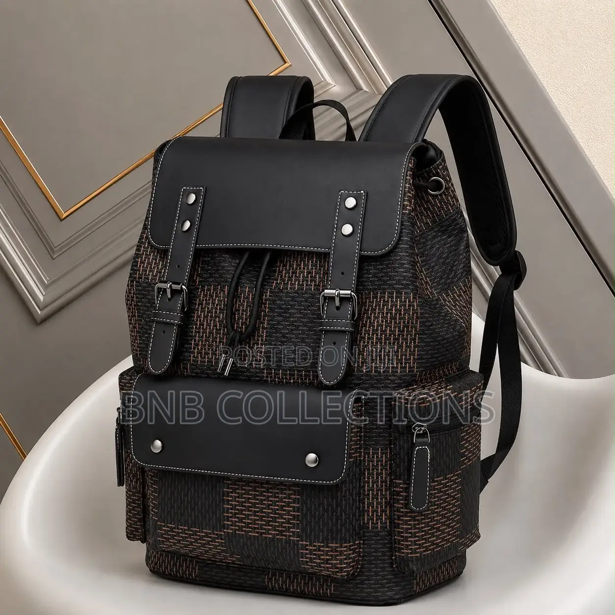 Quality Luxury Checkered Leather Unisex Laptop Backpack Work School