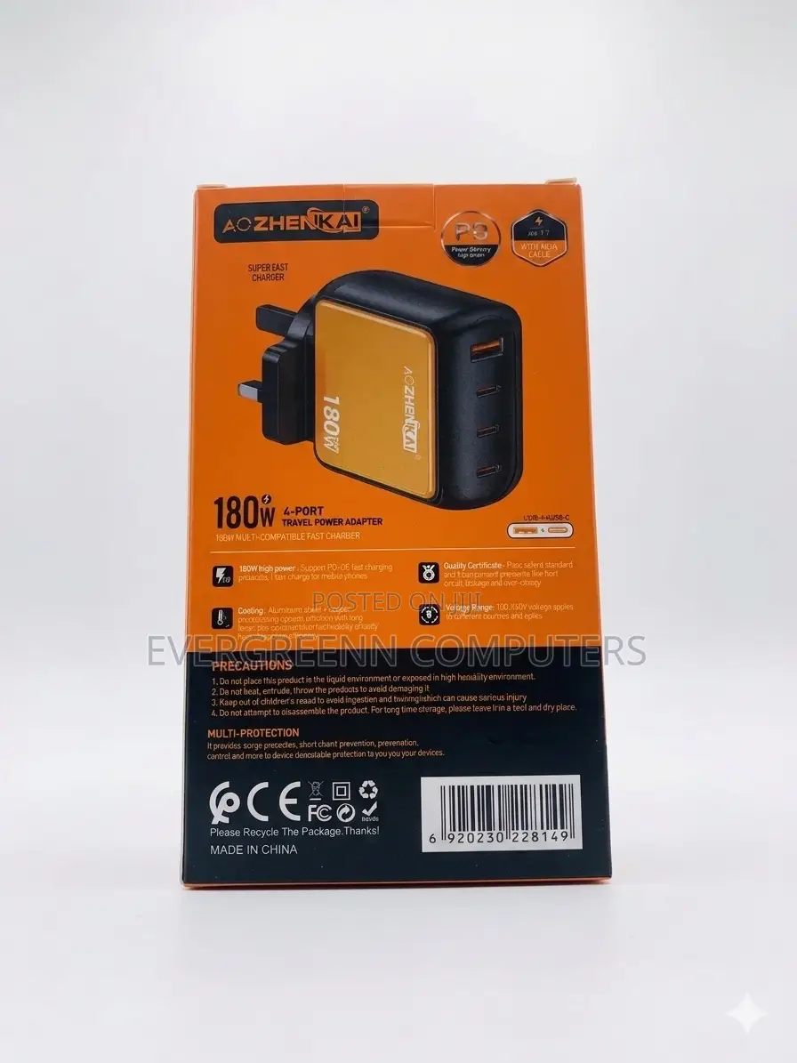 Aozhenkai 180w Gan 4-Port Super Fast Travel Charger (Brand New)