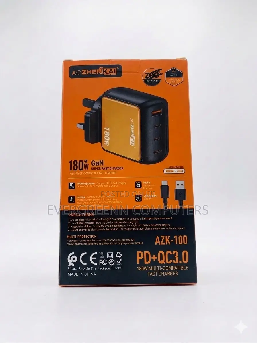 Aozhenkai 180w Gan 4-Port Super Fast Travel Charger (Brand New)
