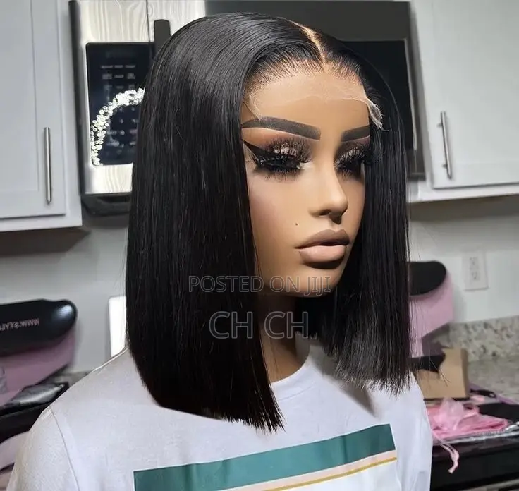 New 100% Human Hair Black 12 Inches Short Bob Wig With a 4by4 Closure