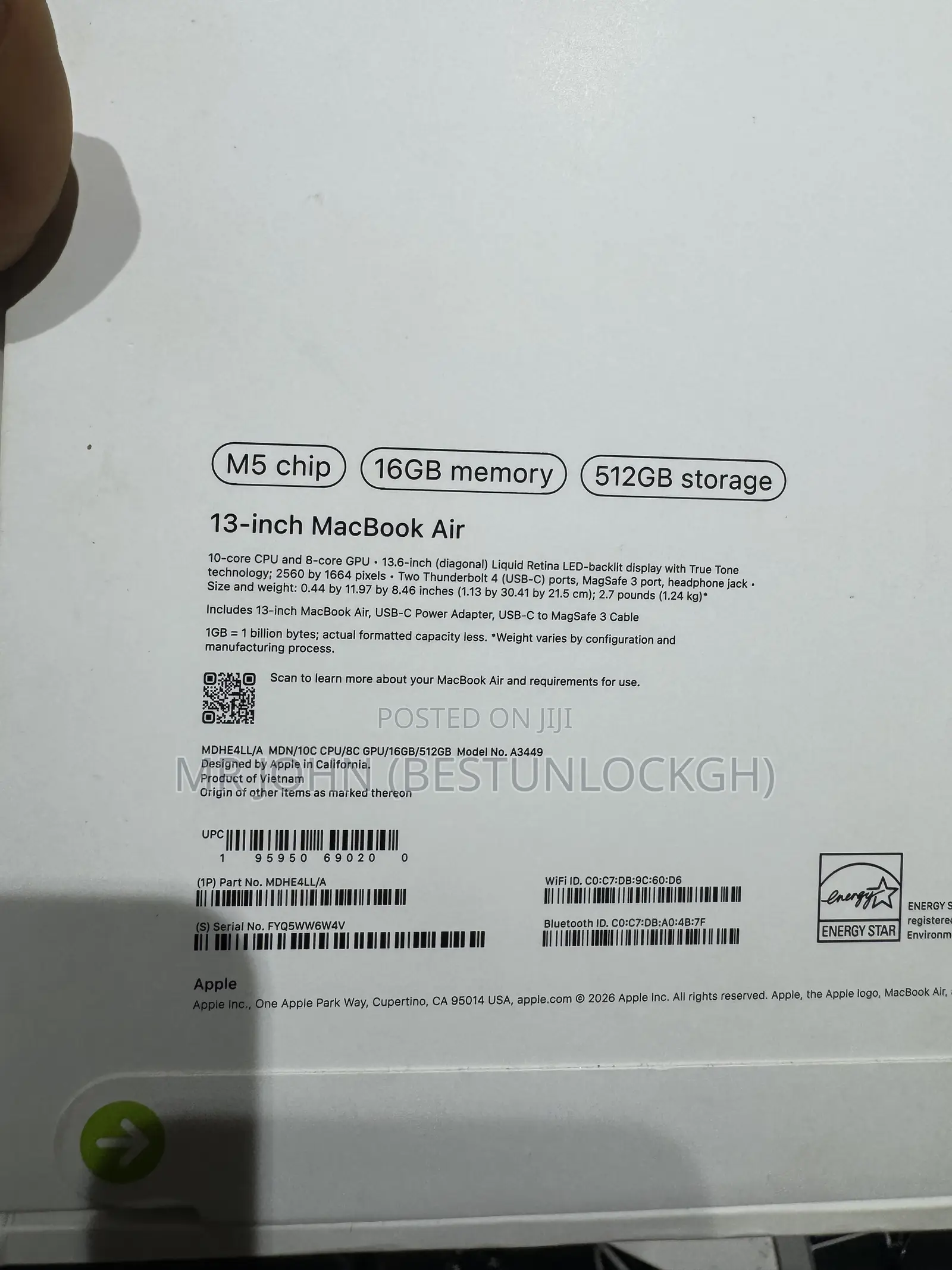 New Laptop Apple MacBook Air 2026 M5 16GB Apple M5 SSD 512GB
