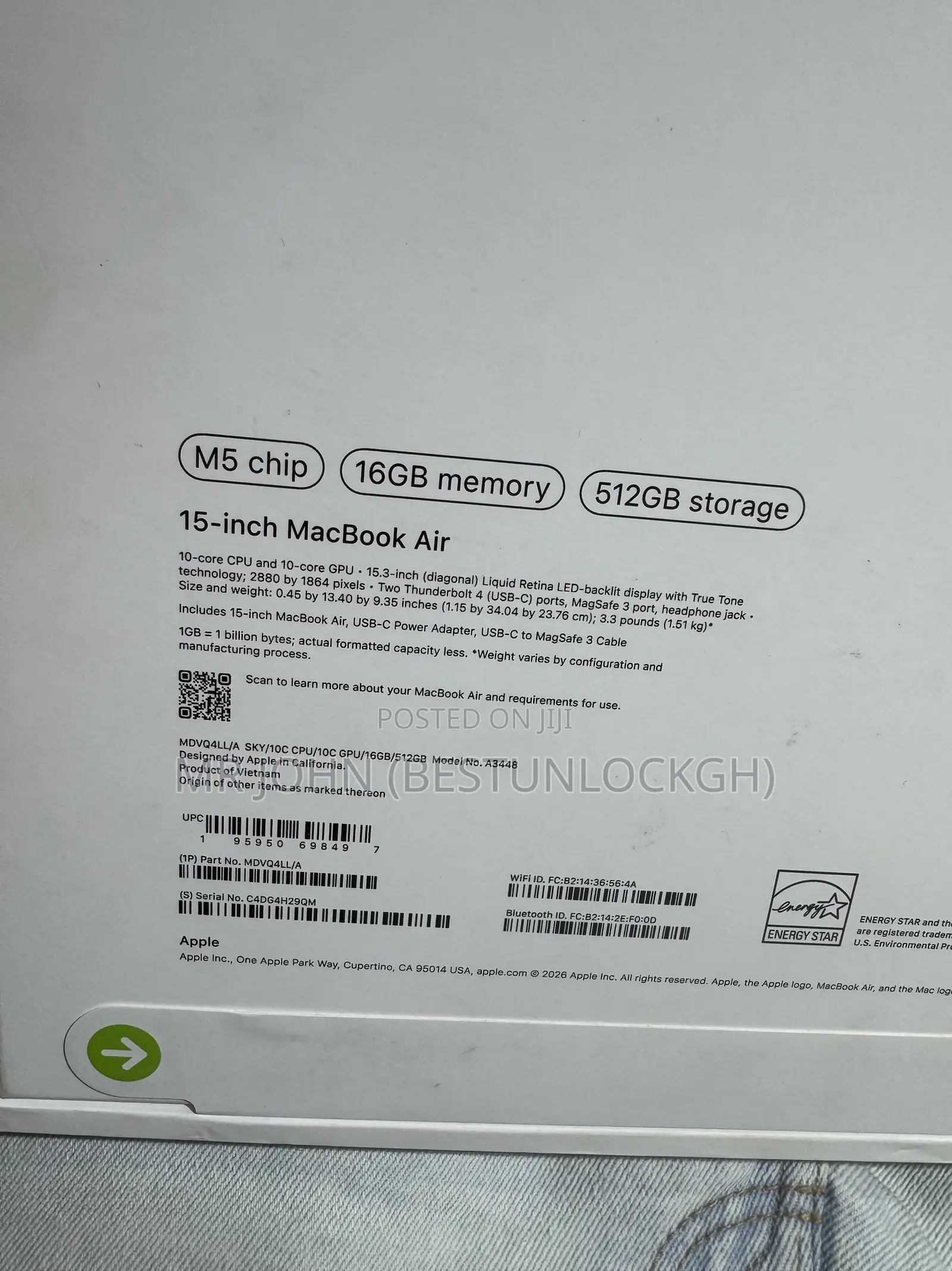 New Laptop Apple MacBook Air 2026 M5 16GB Apple M5 SSD 512GB