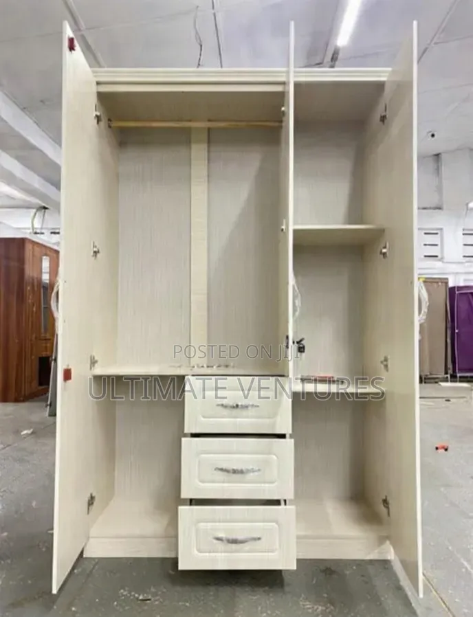 Cream 3-Door Wardrobe With Mirror + 3 Drawers , Large Storage