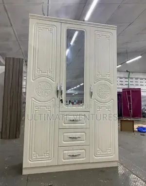 Cream 3-Door Wardrobe With Mirror + 3 Drawers , Large Storage