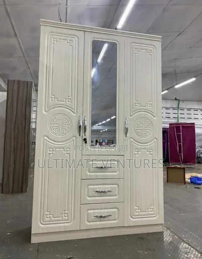 Cream 3-Door Wardrobe With Mirror + 3 Drawers , Large Storage