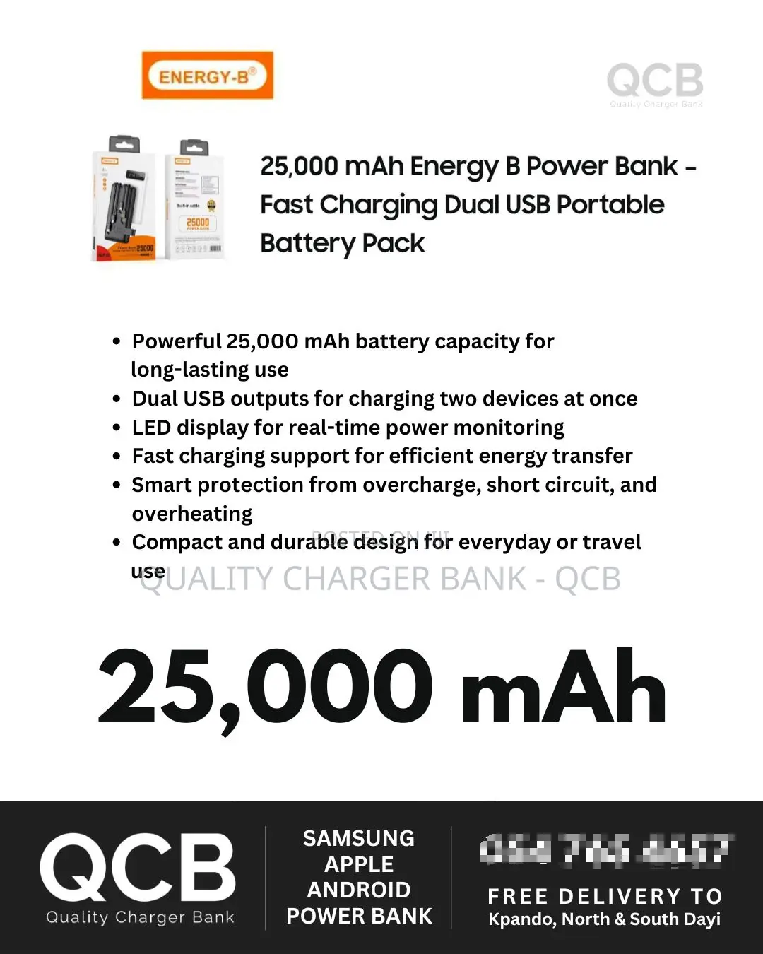 25,000 Mah Energy B Power Bank – Fast Charging Dual Usb Portable Bank
