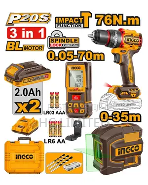 Ingco 20v Cordless Drill 76nm + 2 Batteries + Laser Level -Cosli250511