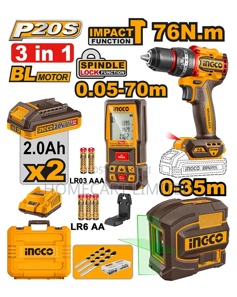 Ingco 20v Cordless Drill 76nm + 2 Batteries + Laser Level -Cosli250511