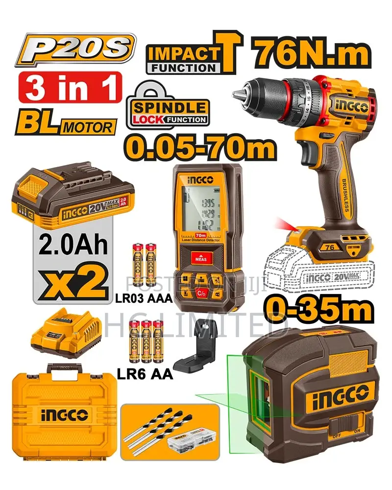 Ingco 20v Cordless Drill 76nm + 2 Batteries + Laser Level -Cosli250511