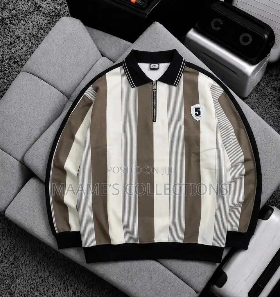 Men's Casual Striped Polo Shirt With Loose Fit and Stand-Up Collar.