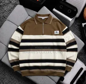 Men's Casual Striped Polo Shirt With Loose Fit and Stand-Up Collar.