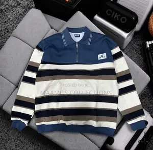 Men's Casual Striped Polo Shirt With Loose Fit and Stand-Up Collar.