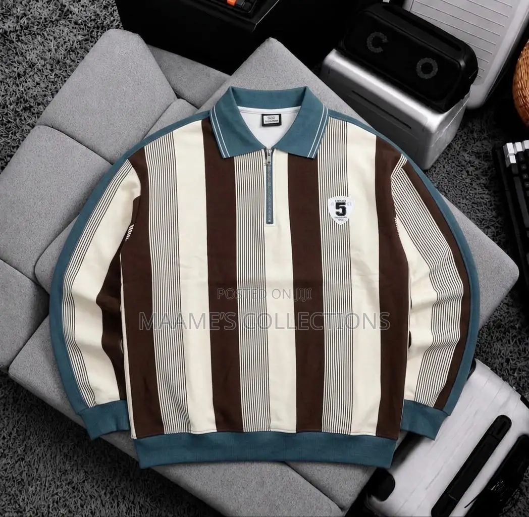 Men's Casual Striped Polo Shirt With Loose Fit and Stand-Up Collar.