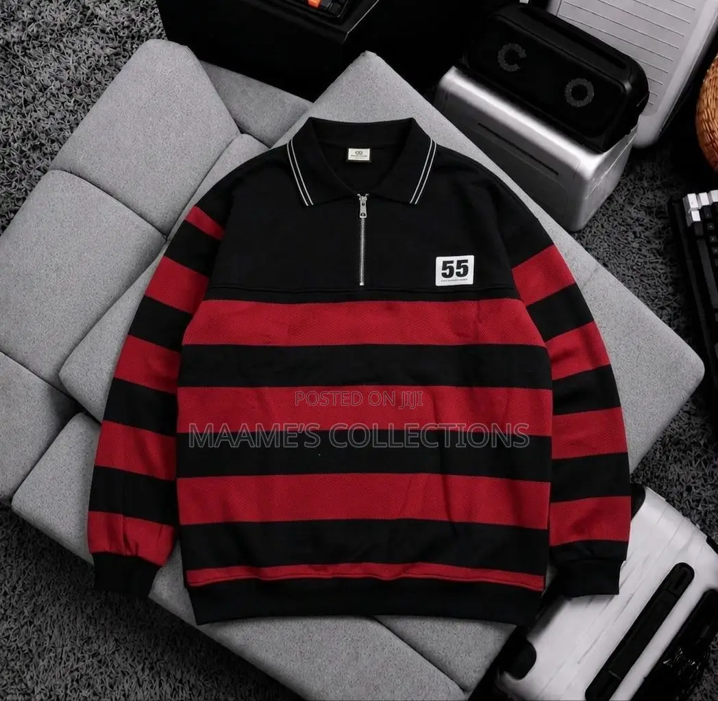 Men's Casual Striped Polo Shirt With Loose Fit and Stand-Up Collar.