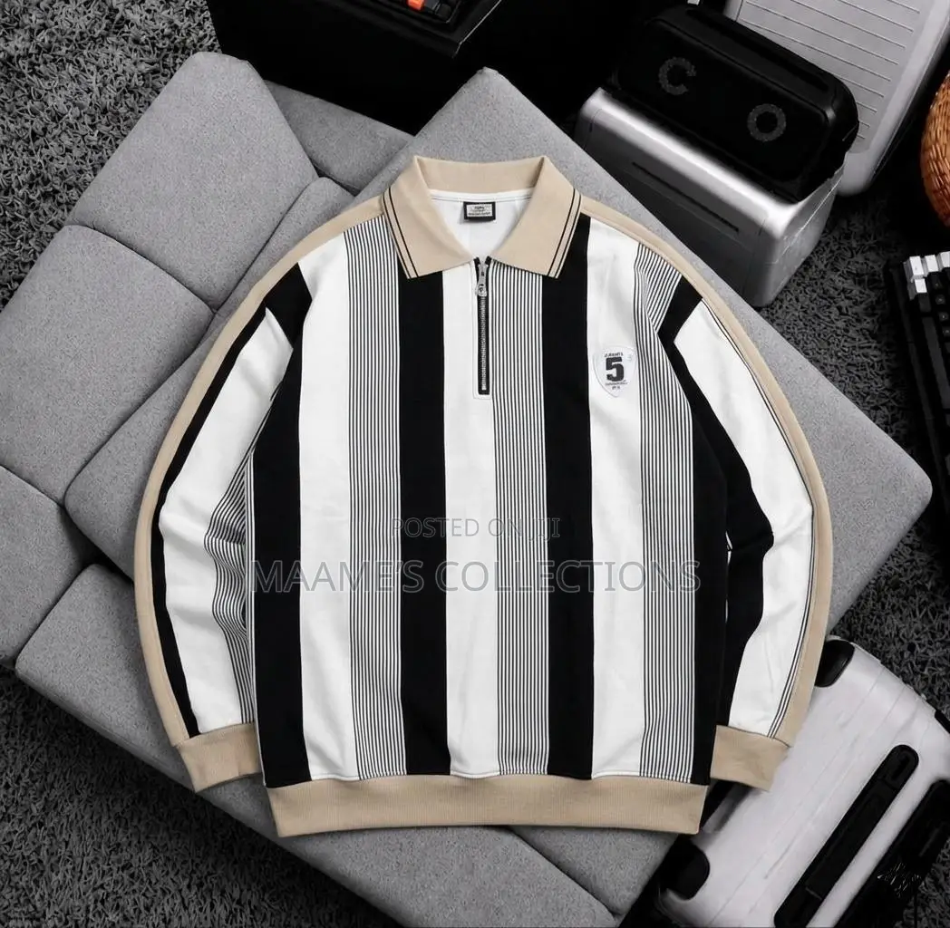 Men's Casual Striped Polo Shirt With Loose Fit and Stand-Up Collar.