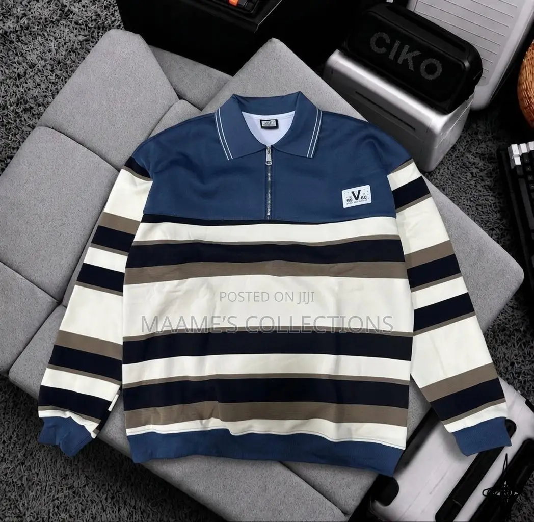Men's Casual Striped Polo Shirt With Loose Fit and Stand-Up Collar.