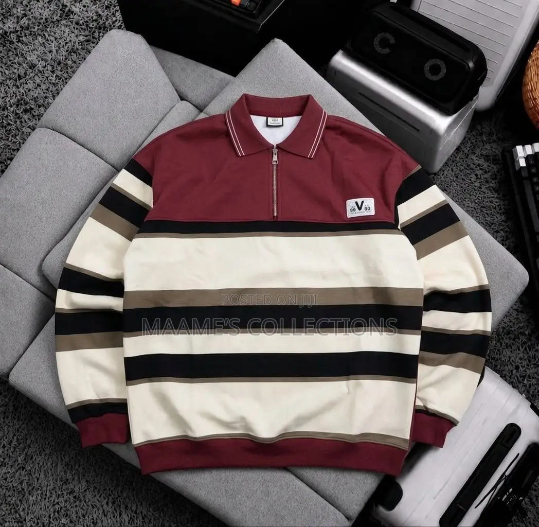 Men's Casual Striped Polo Shirt With Loose Fit and Stand-Up Collar.