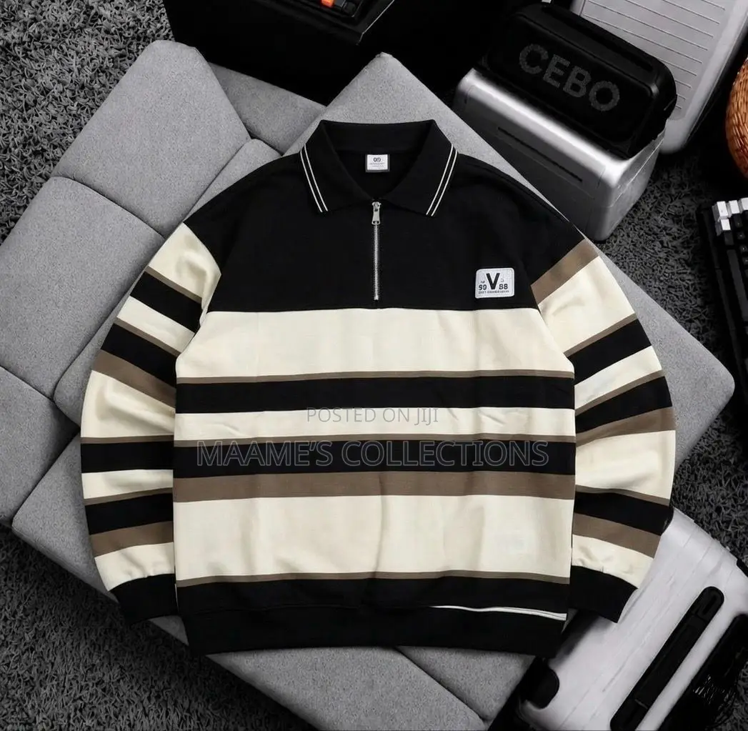 Men's Casual Striped Polo Shirt With Loose Fit and Stand-Up Collar.