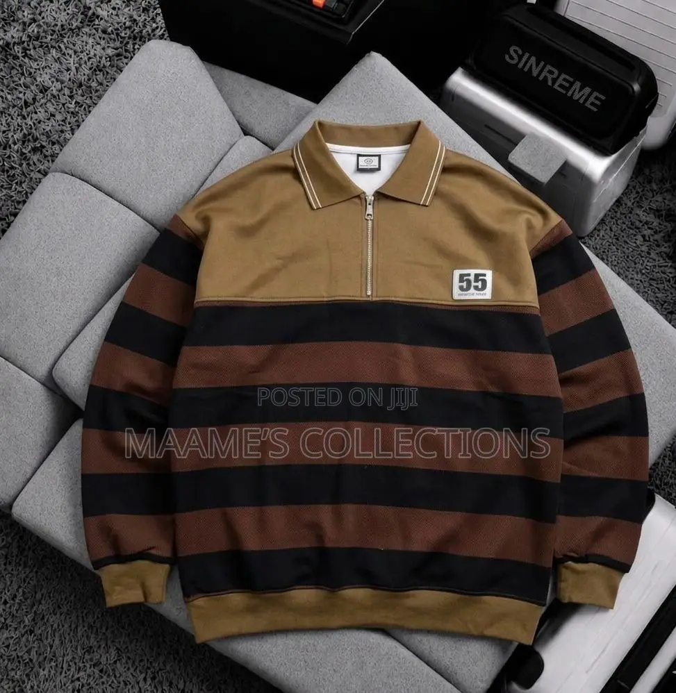 Men's Casual Striped Polo Shirt With Loose Fit and Stand-Up Collar.