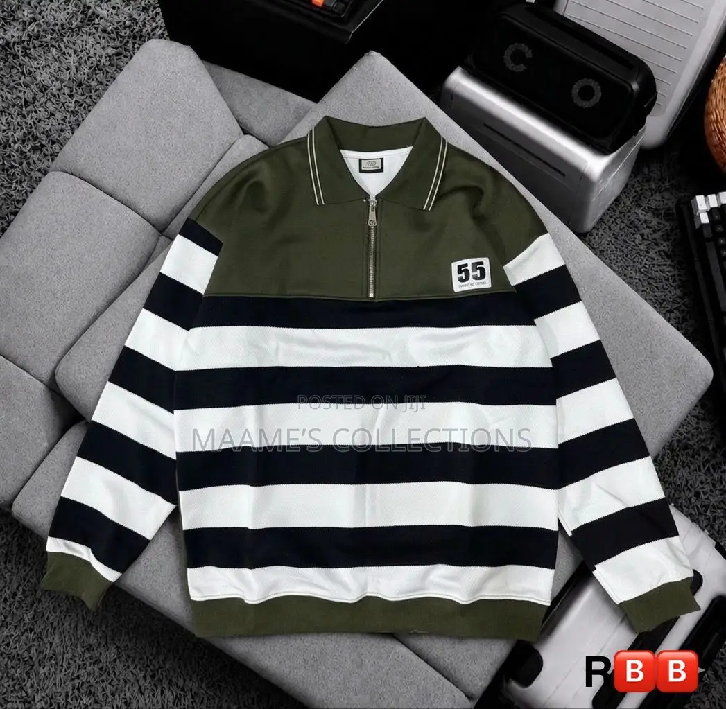Men's Casual Striped Polo Shirt With Loose Fit and Stand-Up Collar.