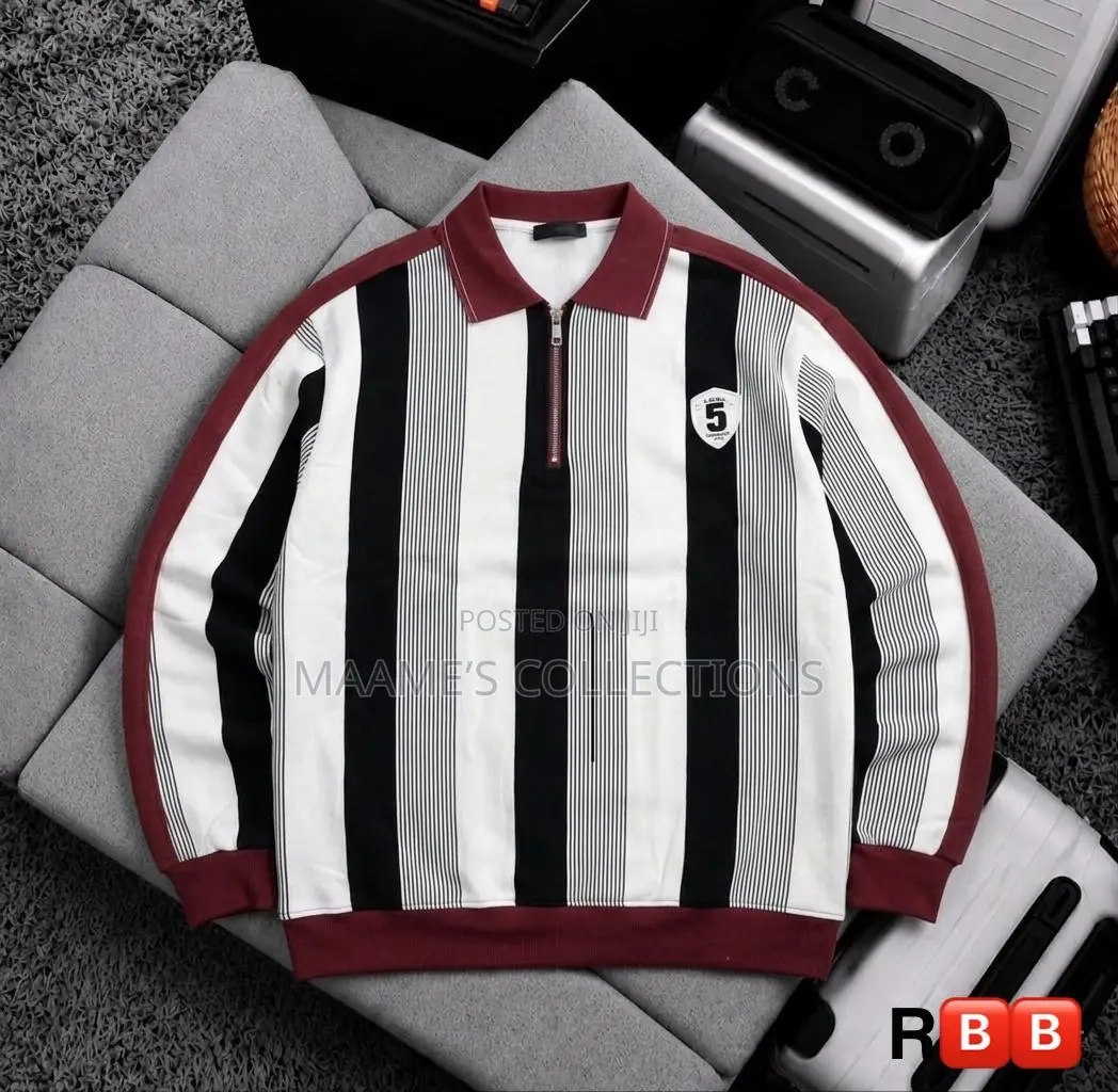Men's Casual Striped Polo Shirt With Loose Fit and Stand-Up Collar.