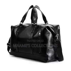Large-Capacity Black Leather Duffel Bag