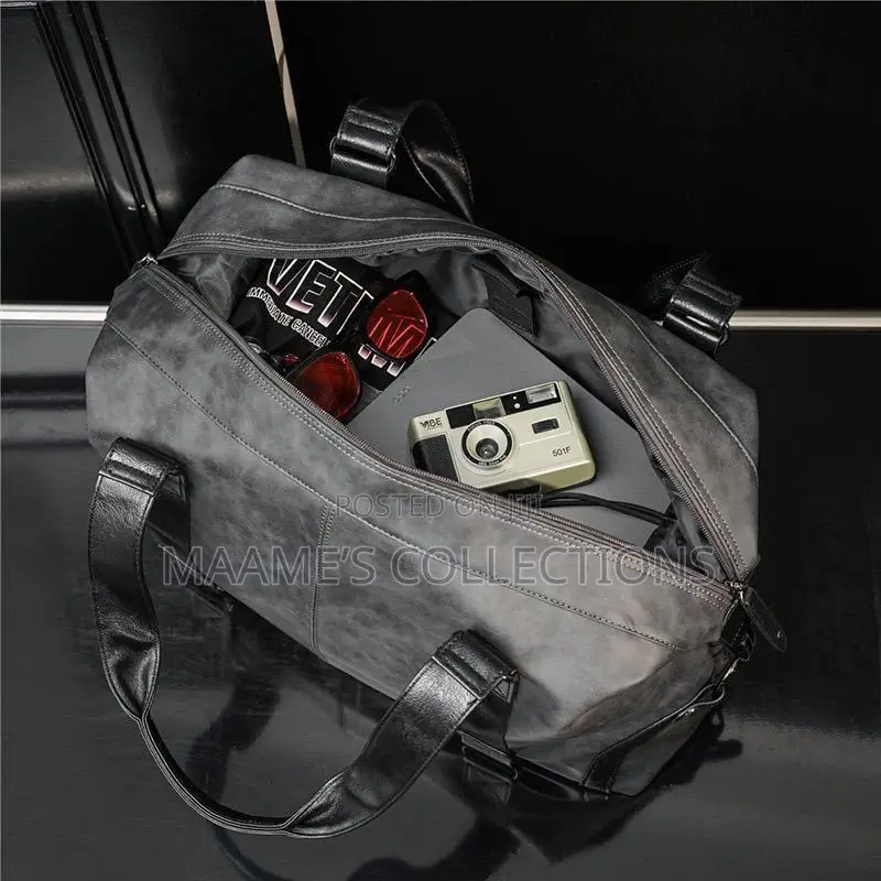 Large-Capacity Black Leather Duffel Bag