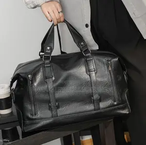 Large-Capacity Black Leather Duffel Bag