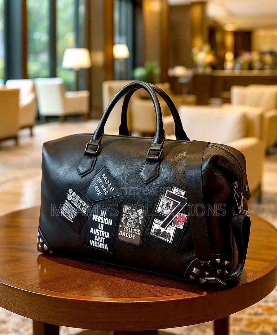 Large-Capacity Black Leather Duffel Bag