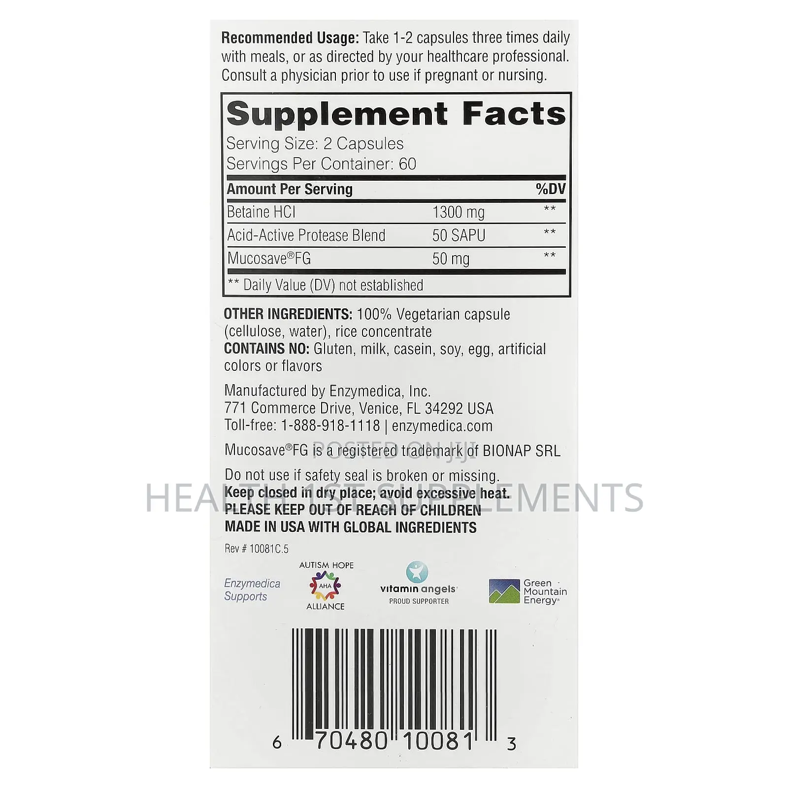 Enzymedica, Fast-acting Betaine Hcl, 120 Veg Capsules