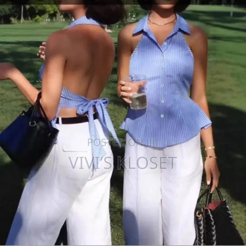 Neck Backless Striped Top