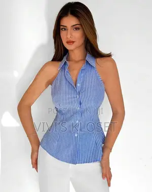 Neck Backless Striped Top