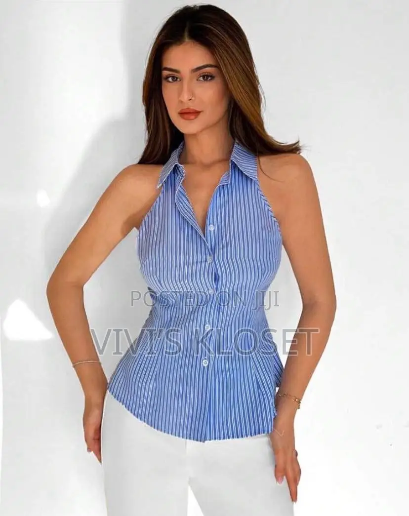 Neck Backless Striped Top