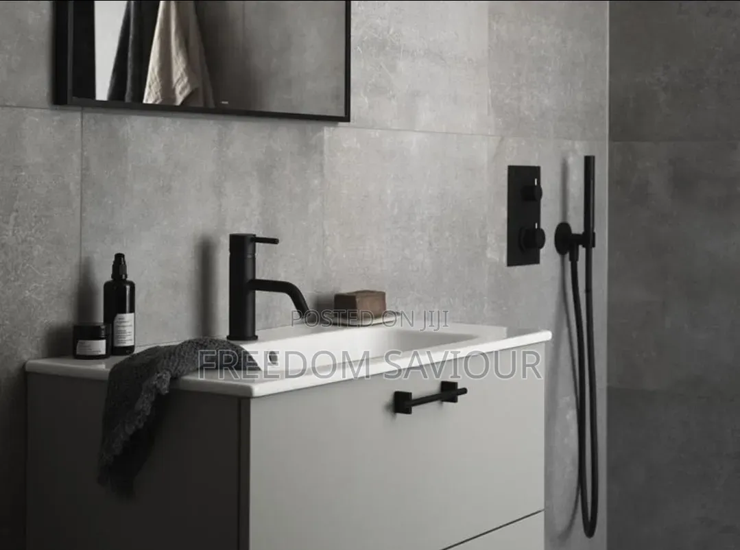 Premium Shower Curtain With Modern Black Bathroom Faucet